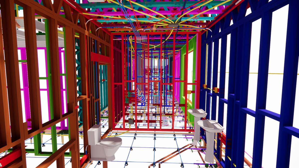 Interior de um modelo BIM em light steel frame: casa de banho com a estrutura de
              perfis e as instalações eléctricas e hidráulicas compatibilizadas, cada sistema a
              uma cor.